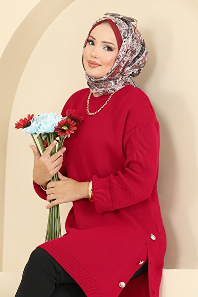 ModaMerve Düğme Detay Yırtmaçlı Tunik 2716AYD574-MS Kırmızı