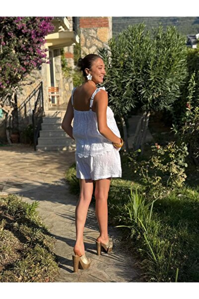 Punta Otantik Nc31211 Embroidered Shoulder Ruffle Linen Italian Shorts Set White