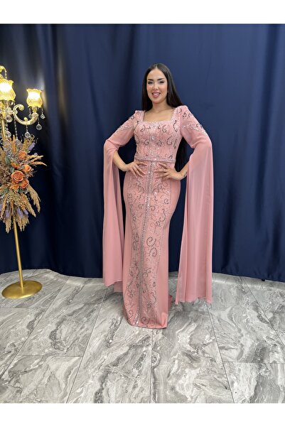 DADO BELLA Pembe Balık Kesim Uzun Şifon Kollu Kare Yaka Taş ve Boncuk Detaylı...