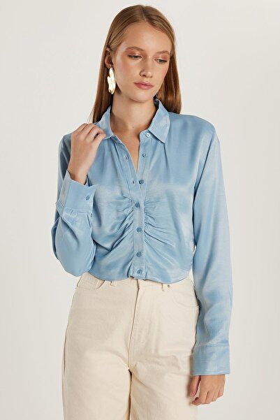 Tudors Kadın Slim Fit Dar Kesim Uzun Kollu Klasik Yaka Mavi Gömlek