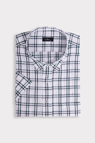 Tudors Men's Plus Size Lapel Button Checked Linen Effect Short Sleeve Shirt