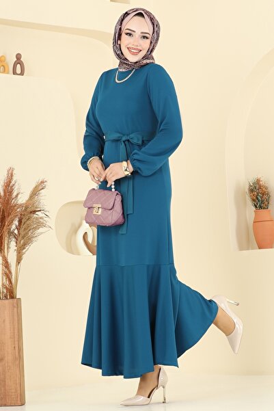 ModaMerve Eteği Katlı Mira Elbise 8133AB368-MS Açık Petrol