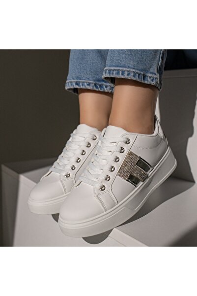 Modlet.ro Women's white sneakers with thick sole and metallic details MOD11873