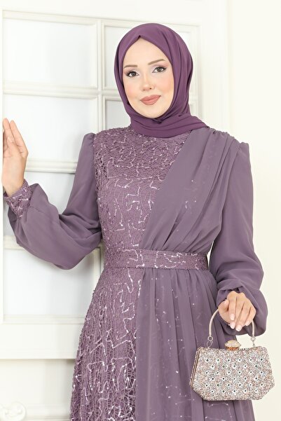 ModaMerve Payet Detaylı Şifon Abiye 2819ELC1143-MS Koyu Lila