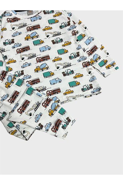 tusem butik homewear Boys' 100% Cotton White Car Pattern Long Sleeve Pajama Set