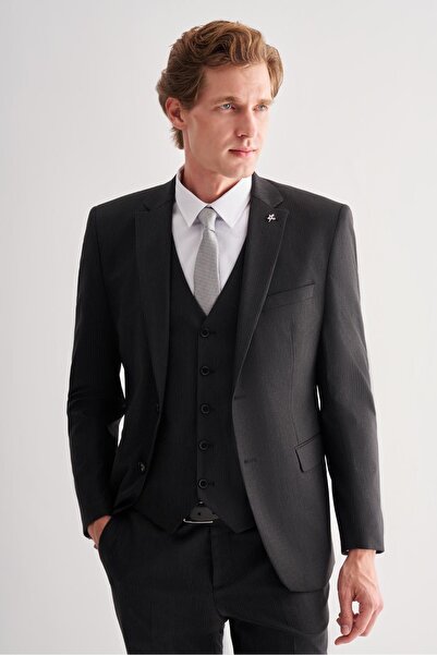 İmza Black Mono Collar Full Lining 6 Drop Slim Fit Flexible Vest Suit 1001255151