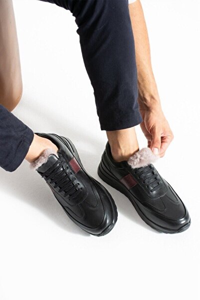 MEEGORA Men's Black-Burgundy Casual Genuine Leather-Fur Shoes