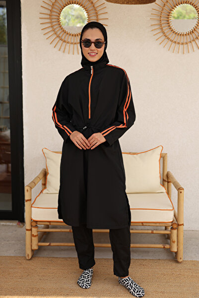 BAE SWIMWEAR Hayaa+ Black with Orange Stripes Knee Length Full Coverage Muslim Burkini Swimwear
