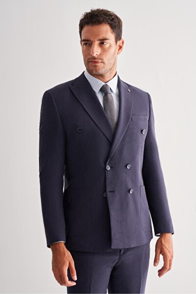 İmza Dark Navy Sword Collar Full Lining 6 Drop Slim Fit Flexible Double Breas...