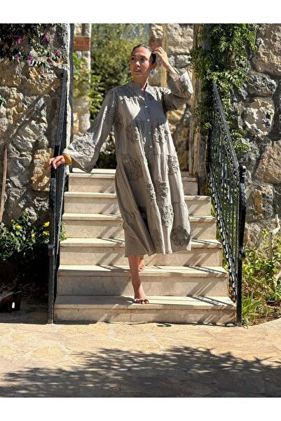 Punta Otantik PT54830 Önden Düğmeli Brodeli Hakim Yaka Coton İtalyan Elbise Vizon