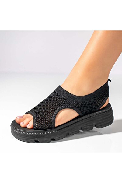 BMoD Sandale negre de damă cu talpă groasă din material textil MOD11368