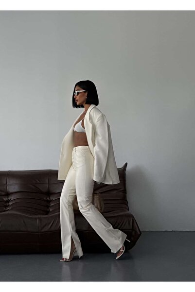 KIKU High Waist Leather Look Slit Detailed Trousers