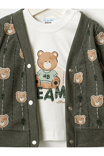 Hoppidik Baby Boy 3-Piece Thessaloniki Fabric Cardigan Set Teddy Bear Hb Printed Sweatshirt Elastic Waist Bottoms