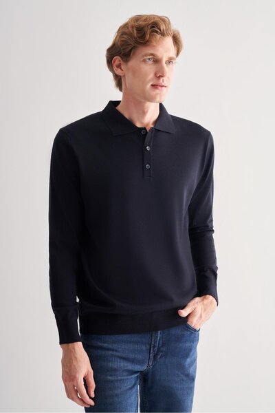 İmza Πουλόβερ από βαμβακερό πλεκτό κλασικό πλεκτό πουλόβερ με γιακά πόλο σε σκούρο μπλε ναυτικό χωρίς τσέπες 1012255007