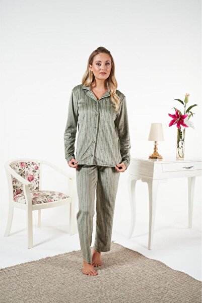 Estiva Striped Front Buttoned Velvet Pajama Set
