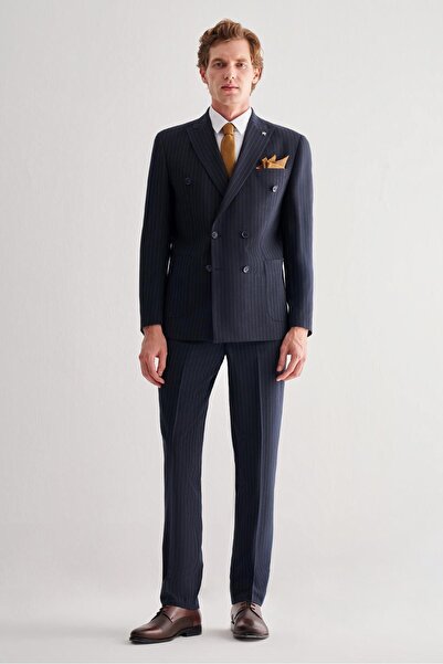 İmza Dark Navy Sword Collar Full Lining 6 Drop Slim Fit Stretchable Double Br...