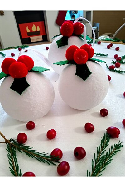 Armada 3 Pieces Christmas Flower Pom-Pom Snowball Appearance Glittery Cute Ball White Christmas Tree Ornament (7 cm)