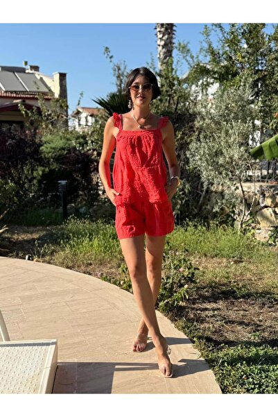 Punta Otantik Nc31211 Embroidered Shoulder Ruffle Linen Italian Shorts Set Coral