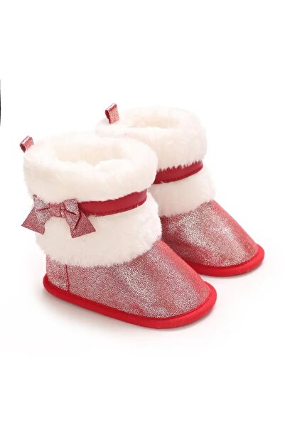 Bebelul Baby booties, pearl red, with white fur and decorative bow