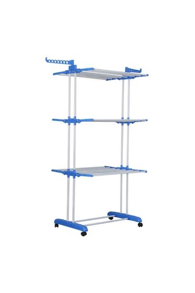 nizi Uscător de rufe pliabil cu suport pentru umeraș, metal cu ABS, cu roți, alb/albastru