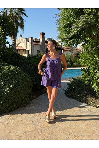 Punta Otantik NC31211 Nakışlı Omuz Fırfırlı Keten İtalyan Şortlu Takım Mor