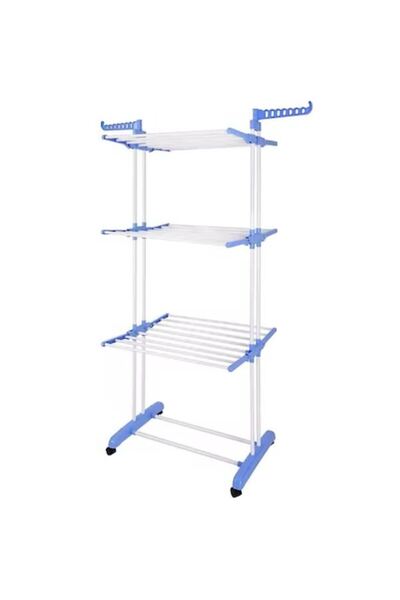 Herum Foldable Clothes Dryer with 3 Levels, Wheels, and Adjustable Shelves, White/Blue, 75 x 76 x 170 cm
