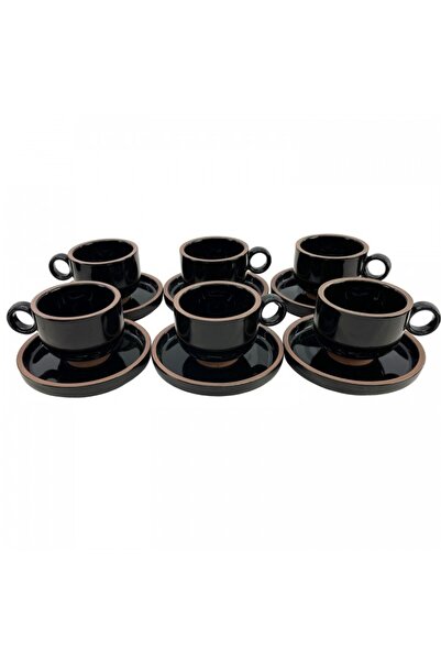 Culinaro Set 6 cesti cu farfurioare pentru ceai Hella Black, culoare neagra, din portelan