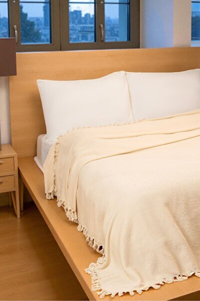 DNRYSL Doğal Pamuk Krem Natural El Yapımı Pike Çift Kişilik Çok Amaçlı Koltuk ve Yatak Örtüsü 160x220 cm