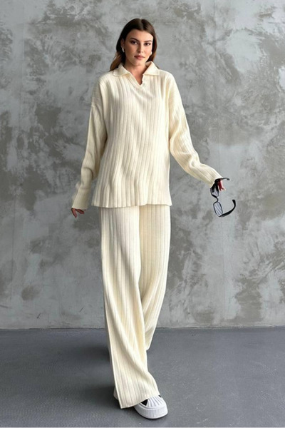 macharel jeans Women's Polo Neck Knitwear Set Pants/Sweater