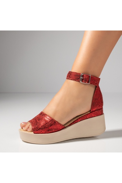 BMoD Sandale roșii din piele pentru femei cu platformă și imprimeu MOD11632