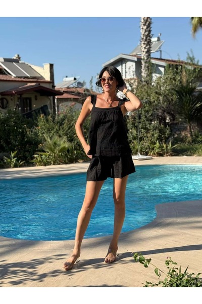 Punta Otantik Nc31211 Embroidered Shoulder Ruffle Linen Italian Shorts Suit Black