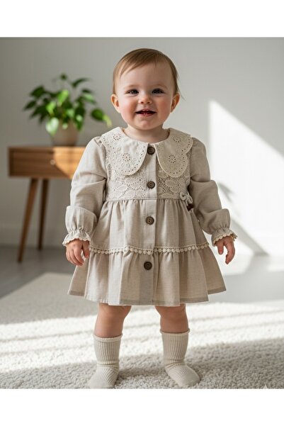 Egelite Dantel Baskılı Yaka Detaylı Keten Elbise 6-9-12-18 Ay Bebek Elbise