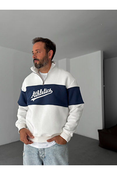 BYBASICMAN Beyaz Yarım Fermuarlı Athletics Nakışlı Sweatshirt PM-07