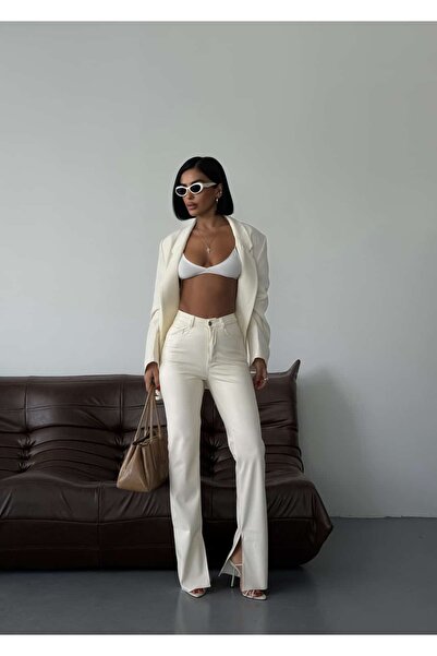 KIKU High Waist Leather Look Slit Detailed Trousers