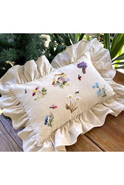 Home Baby pillow with wildflower theme hand embroidered filled linen 60x45 size