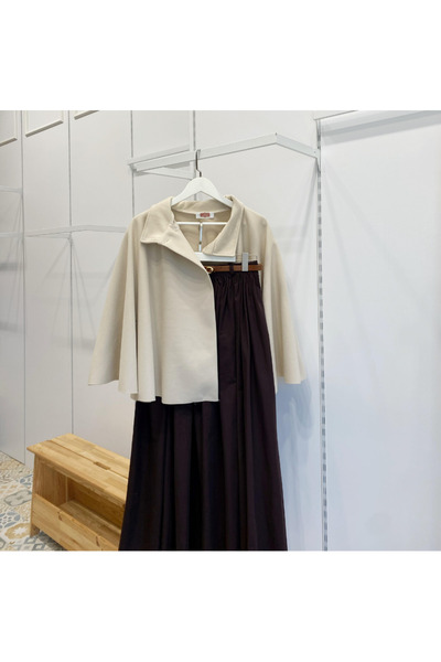 Faya Boutique Krem Kaşe Kumaş Pelerin Ceket