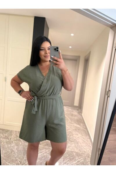 Ferdanur Başaran Büyük Beden Keten Kumaş Kuşaklı Kısa Tulum