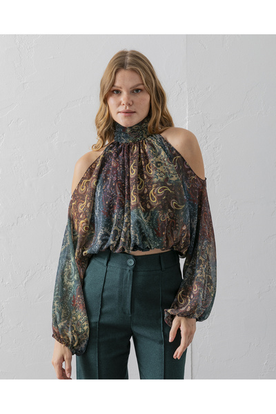 VUNTAL Блузка з відкритими плечима, еластичною талією та візерунком