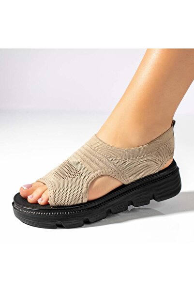 Modlet.ro Sandale perforate pentru femei, bej închis, cu talpă groasă, MOD11372