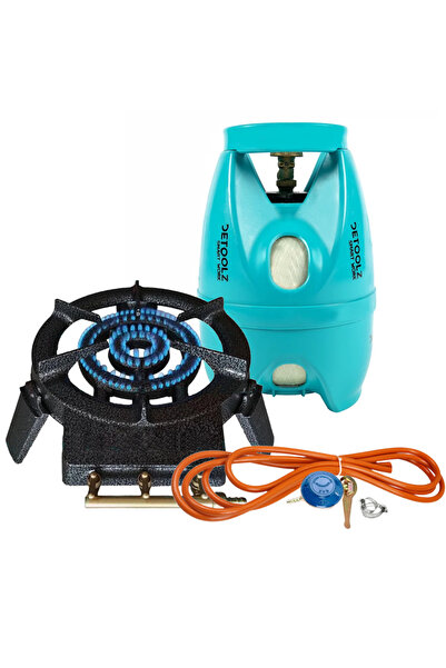 Golden Fish Pirostrie rotunda din fonta Sarra, 3 picioare, 2 arzatoare, negru, butelie 5 L si Kit gpl 2 m, ceas