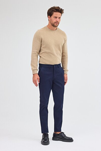 İmza Dark Navy Side Pocket Straight Leg Cotton Slim Fit Chino Casual Trousers 1003255155