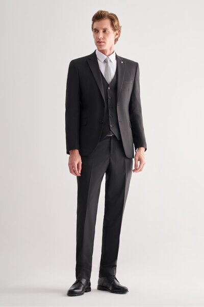 İmza Black Mono Collar Striped Vest 6 Drop Slim Fit Full Lining Flexible Suit...