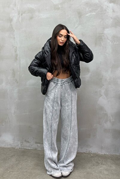 spirituel Kadın Siyah Kapüşonlu Cepli Kısa Deri Şişme Mont