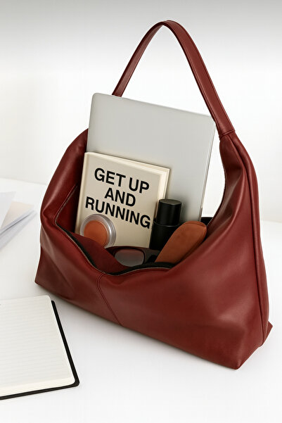 MY VİNTAGE Women's Burgundy Large Size Shoulder Tote Bag Large Volume
