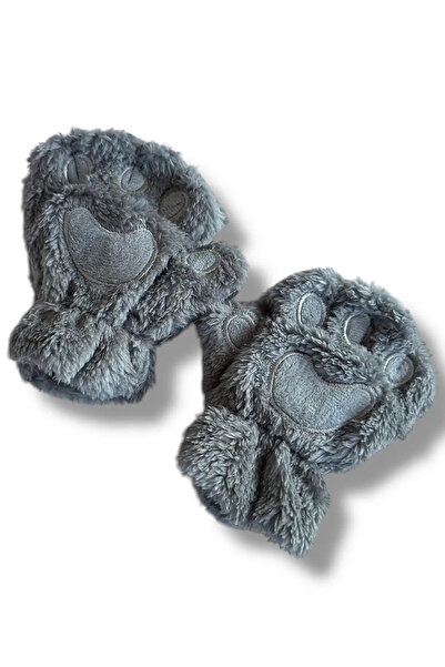 Bujean Gri Renk Pati Figürlü Peluş Çocuk Eldiven