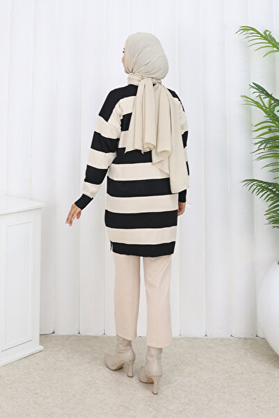 benguen Ριγέ μακριά ζακέτα Mercerized N3217 Μαύρη