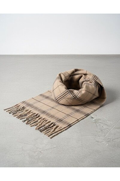 Goldmine Унісекс легкий пухнастий шарф молочно-кавового кольору в клітинку