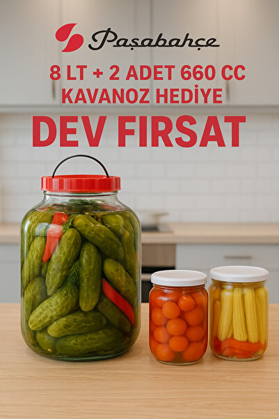 HatesaHome “Paşabahçe 8 Lt Cam Kavanoz – Beyaz Metal Kapaklı + 2 Adet 660 cc ...