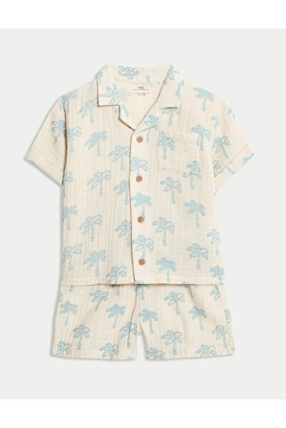 Marks & Spencer 2'li Saf Pamuklu Palmiye Desenli Üst ve Alt Takım (0-6 Yaş)
