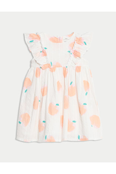 Marks & Spencer Saf Pamuklu Şeftali Desenli Gofre Elbise (0-3 Yaş)